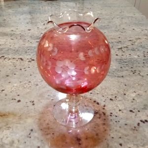 Decorative Flower Etched Ruby Glass Fishbowl Shaped Vase